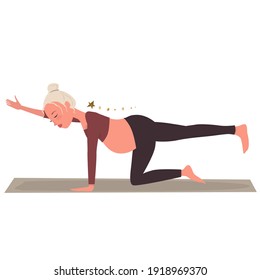 Young blonde pregnant woman in sportswear, is engaged in fitness for pregnant women. Preparing for childbirth. Cartoon illustration, vector.