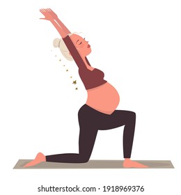 Young blonde pregnant woman in sportswear, is engaged in fitness for pregnant women. Preparing for childbirth. Cartoon illustration, vector.