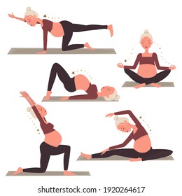 Young blonde pregnant woman in sportswear is engaged in fitness and yoga for pregnant women. Preparation for childbirth. Set of icons. Cartoon illustration, vector.