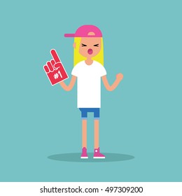 Young blonde teenage fan wearing foam finger / flat editable vector illustration