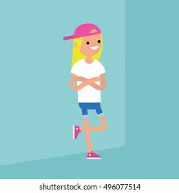 Young blonde teenage girl leaning against the wall / editable flat vector illustration