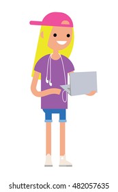 Young blonde teenage girl is standing with her laptop // flat editable vector illustration