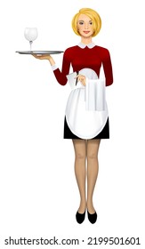 Young blonde waitress in uniform with a napkin and notebook in her hand holding a round tray with an empty glass of wine isolated on white. Vector illustration