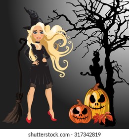 Young blonde witch in a hat with a broom in a dark mystical forest. Halloween Pumpkin, funny Jack O'Lantern. Silhouette of a black cat. Carnival costumes. Vector.