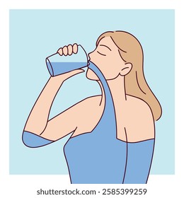 A young blonde woman in a blue sports outfit drinks water from a bottle, staying hydrated on a hot day. She tilts her head back, enjoying the refreshing drink. The illustration is in a flat vector sty