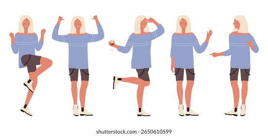 Jovem mulher loira em suéter azul e shorts mostrando várias poses alegres da festa, perfeito para o evento, celebração, ou conceitos de estilo de vida isolados na ilustração vetor fundo branco