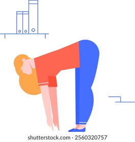 Young blonde woman in casual clothes bending down and touching floor with her hands, doing stretching exercise at workplace, promoting health and wellness in office environment