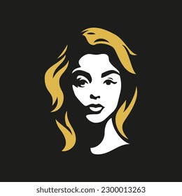 Young blonde woman cute face waving hair silhouette logo for hairdresser beauty spa salon vector flat illustration. Fashion female contour portrait icon for skin care cosmetologist makeup artist