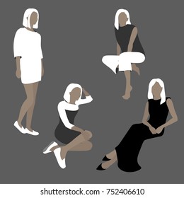 Young blonde woman in different poses and clothes - sketch on gray background