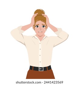 Young blonde woman is experiencing anxiety fear, anger, exhaustion and many emotions. Flat Vector Illustration Isolated on White Background