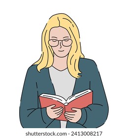 Young blonde woman with glasses reading a book. Study and education concept. Hand drawn vector illustration