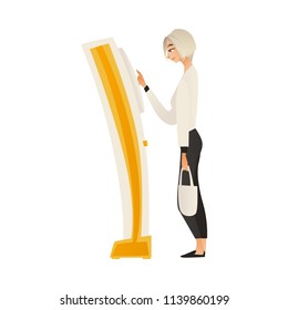 Young blonde woman with handbag standing at ATM money machine communicating with bank terminal interface to withdraw money or make transaction typing at screen side view. Vector cartoon illustration
