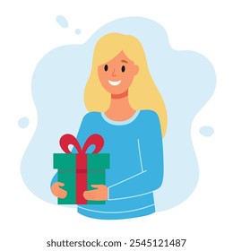 Young blonde woman holding a gift. Christmas design. Vector simple flat illustration