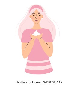 A young blonde woman holds a handful of salt in her hands. Sea salt, spa care, health care, salt bath. Vector illustration in flat style isolated on white background