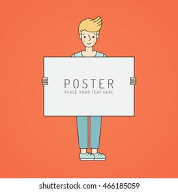 Young blonde woman holds poster. Clean and simple outline design.