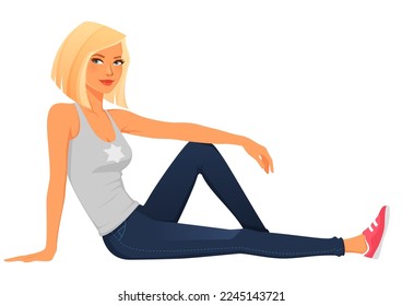 joven rubia en jeans, sentada y sonriendo. Adolescente con ropa informal, relajándose. Caricatura aislada en blanco.