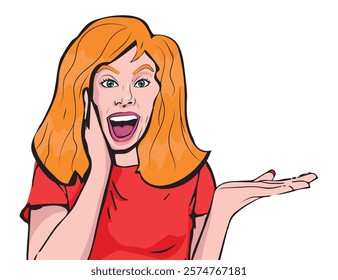 young blonde woman keeping hand on cheek. Amazed and delighted. Pop art style vector illustration.