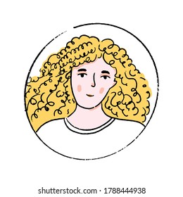 Young blonde woman with long curly hair in white tee. Doodle vector portrait of girl in round frame