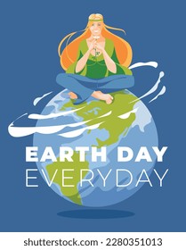 a young blonde woman with long hair sits on a globe and sniffs a flower. Earth day and environment ecology concept poster. Vector flat illustration