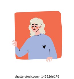 Young Blonde Woman Looking Out of Red Square Window Vector Illustration