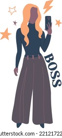 Young blonde woman makes a photo of herself. Girl boss female archetype.