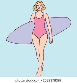 A young blonde woman in a pink one-piece swimsuit confidently holds a surfboard, ready to ride the waves. She walks towards the ocean with a determined and relaxed expression. Flat vector illustration