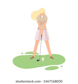 Young Blonde Woman Playing Golf, Girl Golfer Training with Golf Club on Course with Green Grass, Outdoor Sport or Hobby Vector Illustration