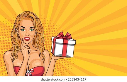 A young blonde woman in pop art style holds a gift box in her hands.On a yellow background. Pop art vector comic style