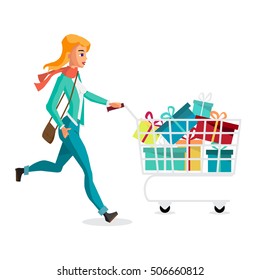 Young blonde woman running with a trolley on Black Friday, the day before Christmas. Cartoon style vector illustration isolated on white background