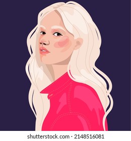 Young Blonde Woman. Semi-profile. In A Pink Jacket.  Avatar For A Social Network.  Fashion Illustration Isolated On Background. Portrait