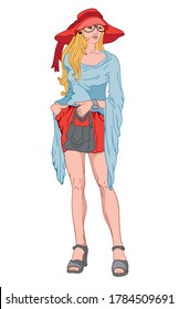 Young blonde woman with serious facial expression. Bing red hat and short dress, blue blouse, gray shoes, watch and handbag. Vector