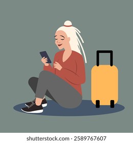 Young blonde woman sitting on the floor with suitcase. Solo travel concept