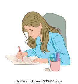 Young blonde woman sitting at the table drawing on a sheet of paper. Vector illustration isolated on white background.