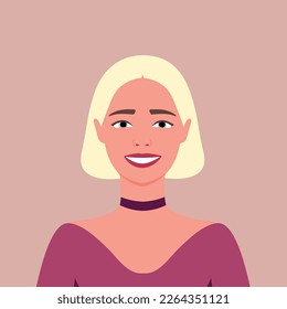 Young blonde woman is smiling. Avatar. Portrait. Human emotions. Happiness. Joy. Female. Flat style