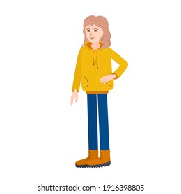 A young blonde. A woman in sports clothes and boots. Vector image of a woman for animation. Editable strokes. All the details are on separate layers.