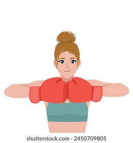 Young blonde woman in sportswear with boxing gloves prepare for training or workout in gym. Flat vector illustration isolated on white background