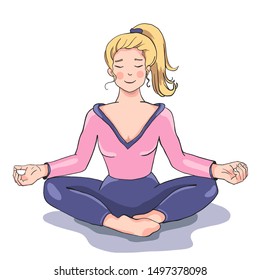 a young blonde woman in sportswear sitting in lotus position and meditating - hand drawn flat vector illustration