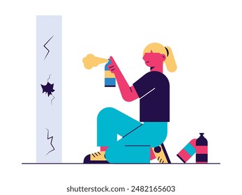 Mujer rubia joven que rocía el color en una pared, mural de arte. Diseño de personajes. Ilustración plana de Vector