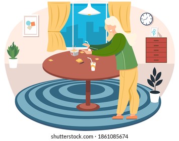 Young blonde woman is standing in cozy livingroom with a big round table at home. Flat style vector illustration of a girl waiting for friends for an evening game with notes, food and drinks