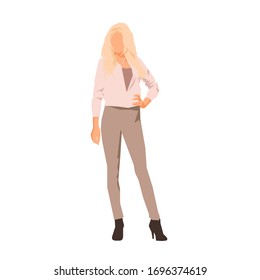 Young blonde woman standing in leggins and jacket, flat design geometric isolated vector illustration