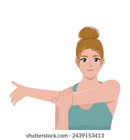 Mujer rubia joven que estira la postura para el tratamiento del dolor en el hombro. Ilustración vectorial plana aislada sobre fondo blanco