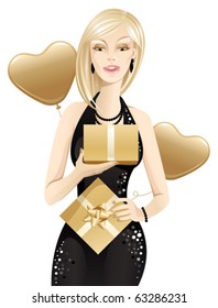Young blonde woman surprised by the gift