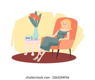 Young blonde woman taking a nap in cozy armchair. Sleepy girl napping while sitting in an armchair at cozy home. Cartoon vector illustration of lazy home rest, sleeping woman.