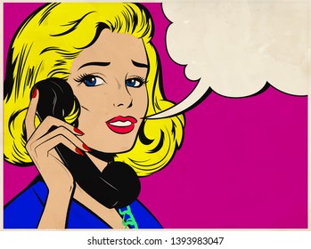 Young blonde woman talking on retro phone. Portrait of an attractive female using a vintage telephone with empty speech bubble text. Pin up Retro Comic book cartoon, Pop Art colored drawing, vintage