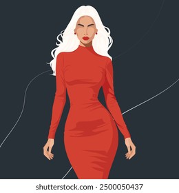 Una mujer rubia joven en un vestido rojo apretado con mangas largas. Ilustración de moda plana, Vector. Sin rostro. No se utilizó inteligencia artificial para crear la ilustración. 
