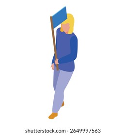 Jovem loira está andando nas ruas segurando uma bandeira azul