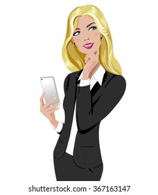 Young blonde woman wearing black business suit holds smartphone and thinks. Isolated girl with a smartphone on a white background. Business lady with a tablet looking for ideas or problems solutions.