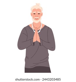 A young blonde yogi with tied hair, mustache and beard with a Namaste gesture. Greeting. The palms are folded together in front of the chest. Vector illustration in a flat style