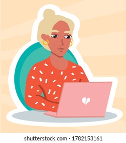 Young blondie girl with pink laplop on peach background. Home office or chatting online freelancer vector illustration. 