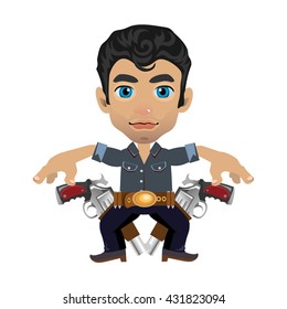 Young blue-eyed man armed with two revolvers. Vector illustration.